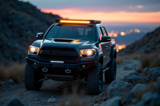 Véhicule 4x4 robuste avec barre lumineuse LED au crépuscule