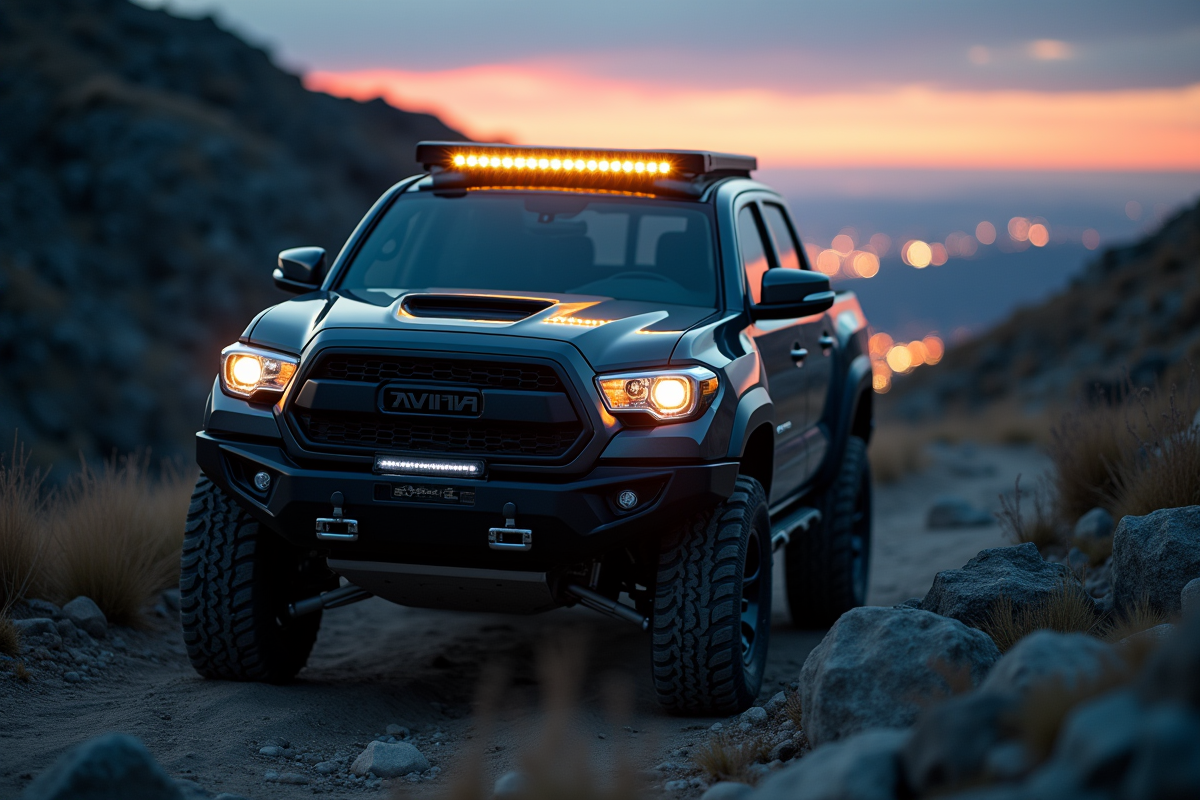 Véhicule 4x4 robuste avec barre lumineuse LED au crépuscule