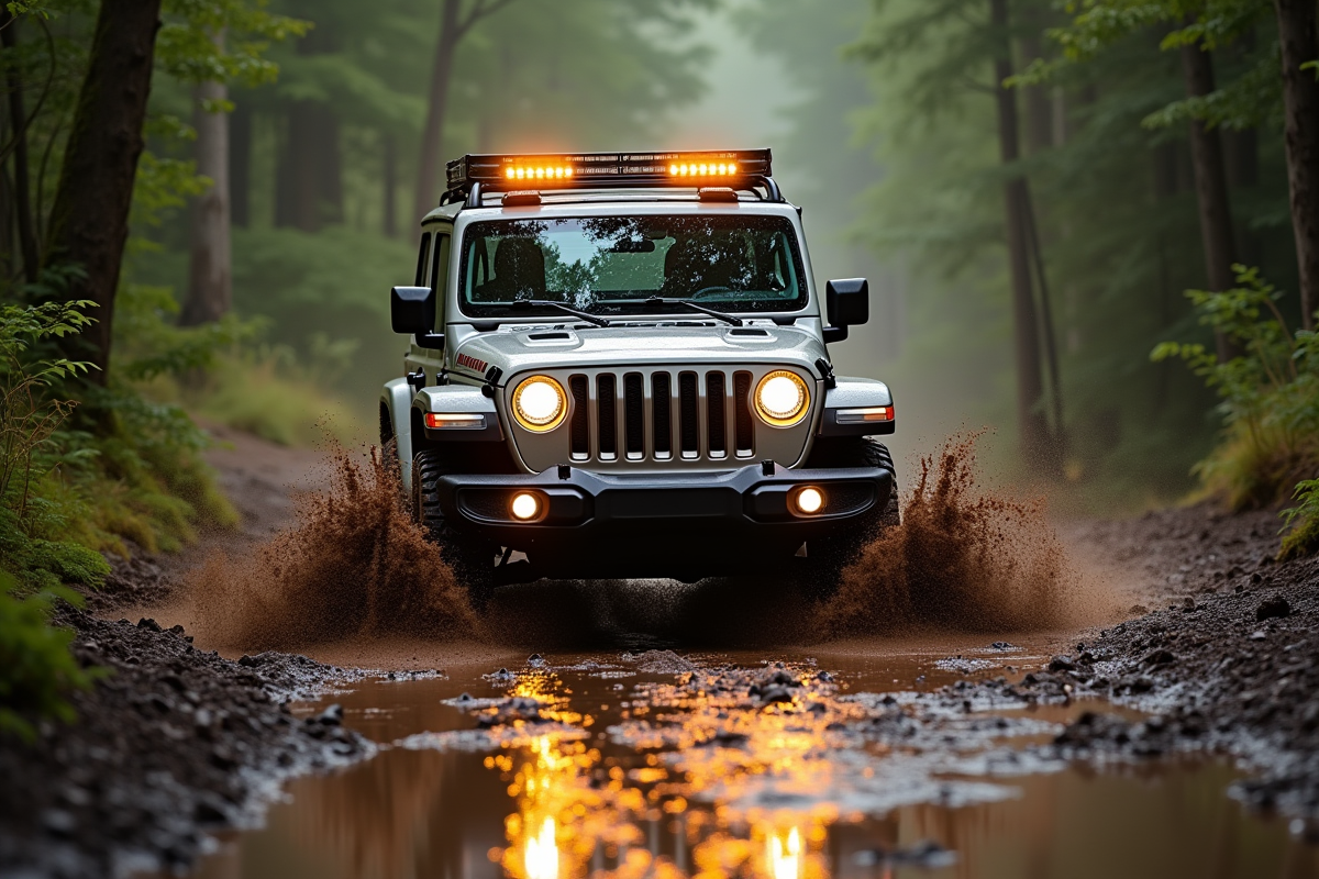 4x4 traversant une route boueuse en forêt en plein jour