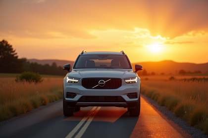 SUV argenté sur route de campagne au coucher du soleil