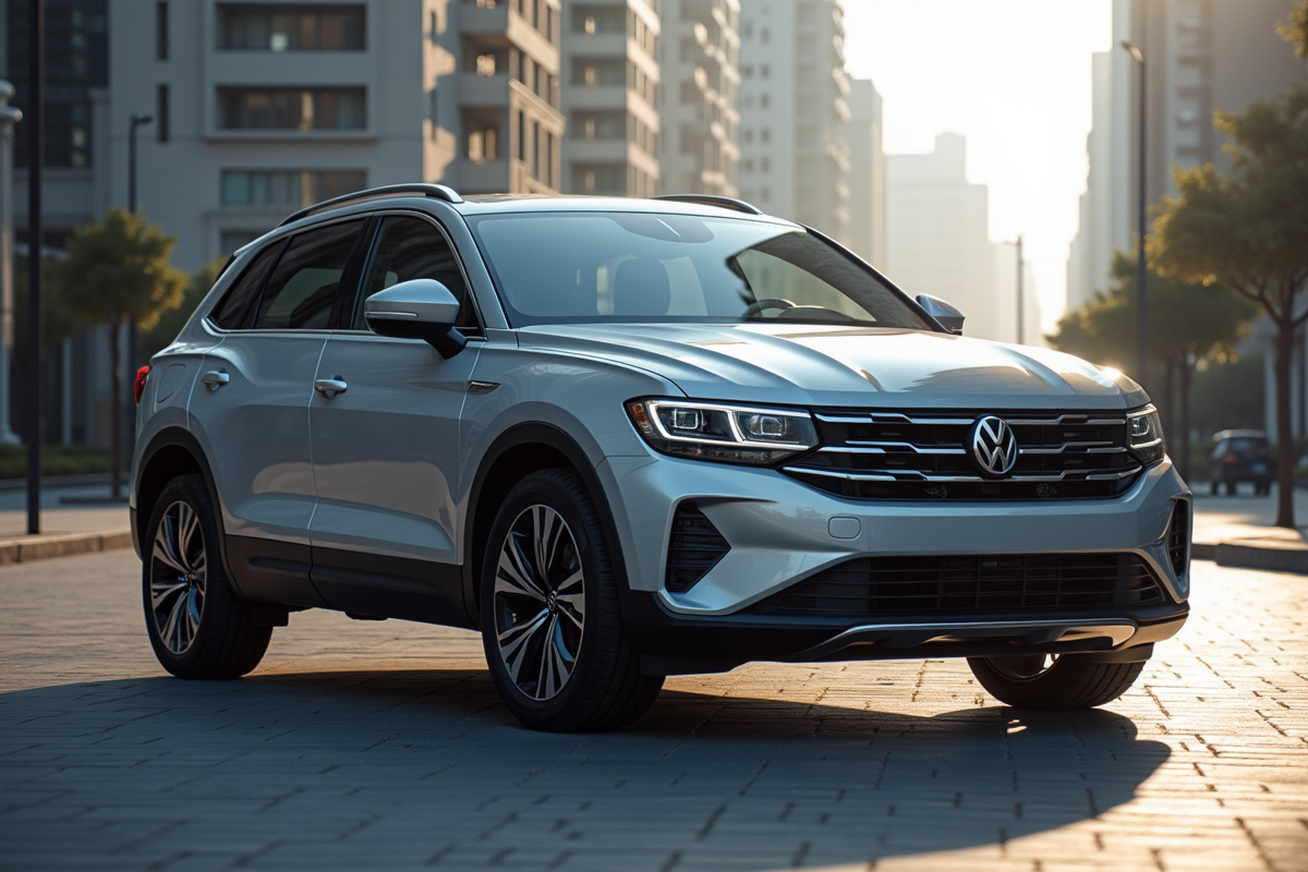 SUV métallique en ville avec bâtiments en arrière-plan