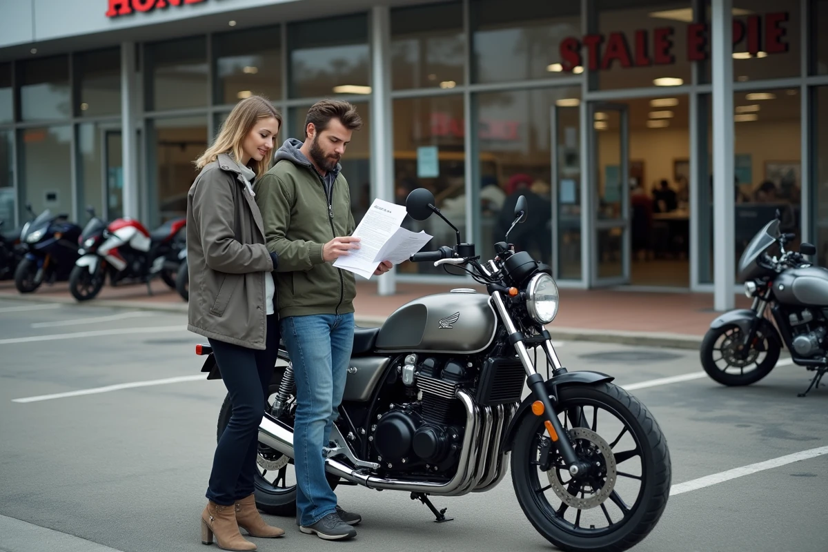 Couple vérifiant les documents d'une Honda CB 900 chez un revendeur de motos d'occasion avant l'achat