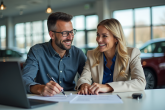 Couple souriant avec agent voiture dans un showroom lumineux