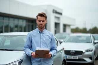 Homme inspectant les documents d'achat d'une voiture d'occasion dans un parc automobile Aramisauto