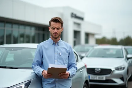 Homme inspectant les documents d'achat d'une voiture d'occasion dans un parc automobile Aramisauto