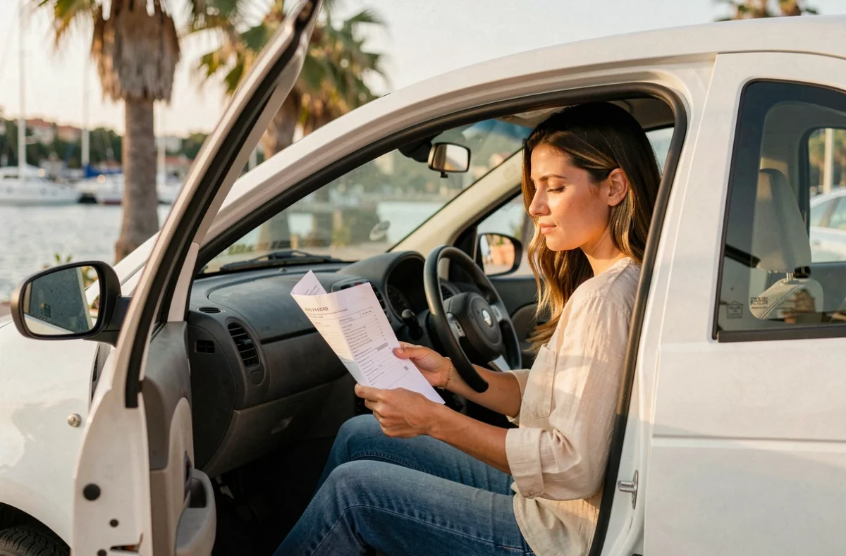 Femme consultant un rapport de contrôle technique assise dans une voiture sans permis d'occasion près du port d'Ajaccio