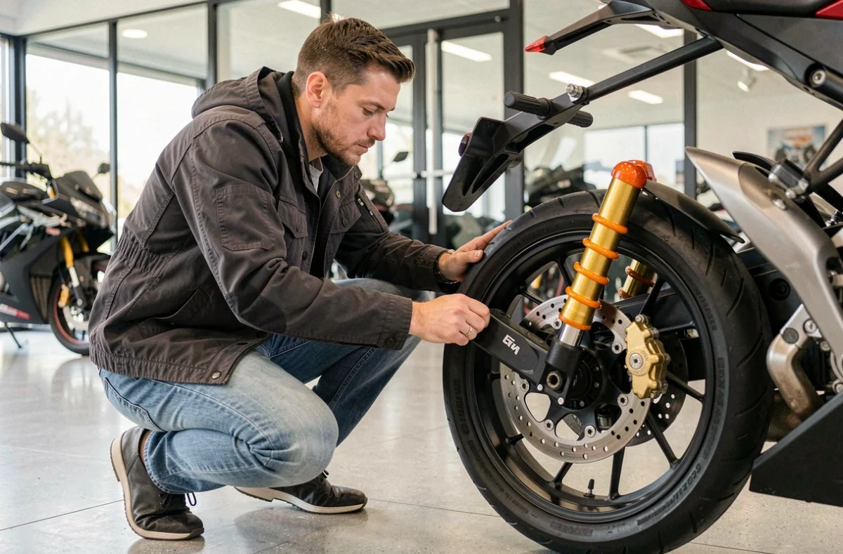 Acheteur de moto inspectant la suspension arrière d'une hypersport dans une concession, détails mécaniques visibles lors d'un examen attentif avant achat