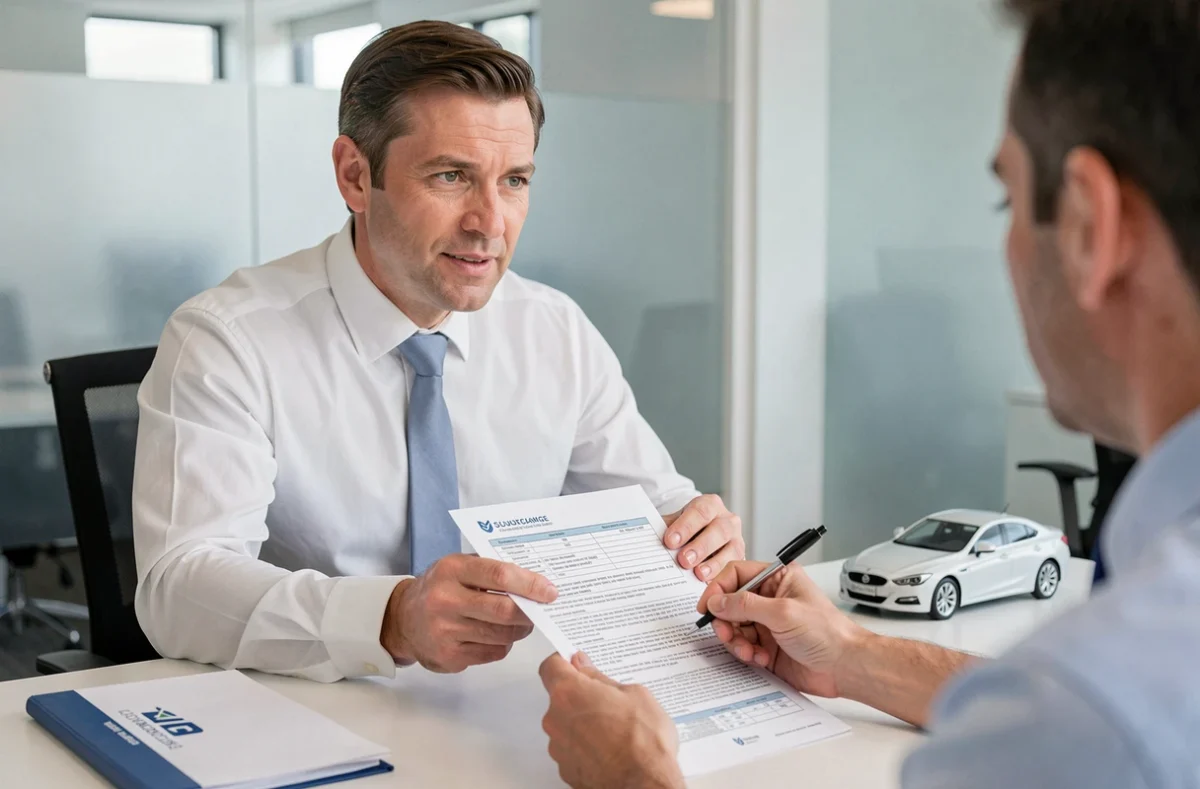Agent d'assurance expliquant un contrat d'assurance auto à un client dans un bureau professionnel