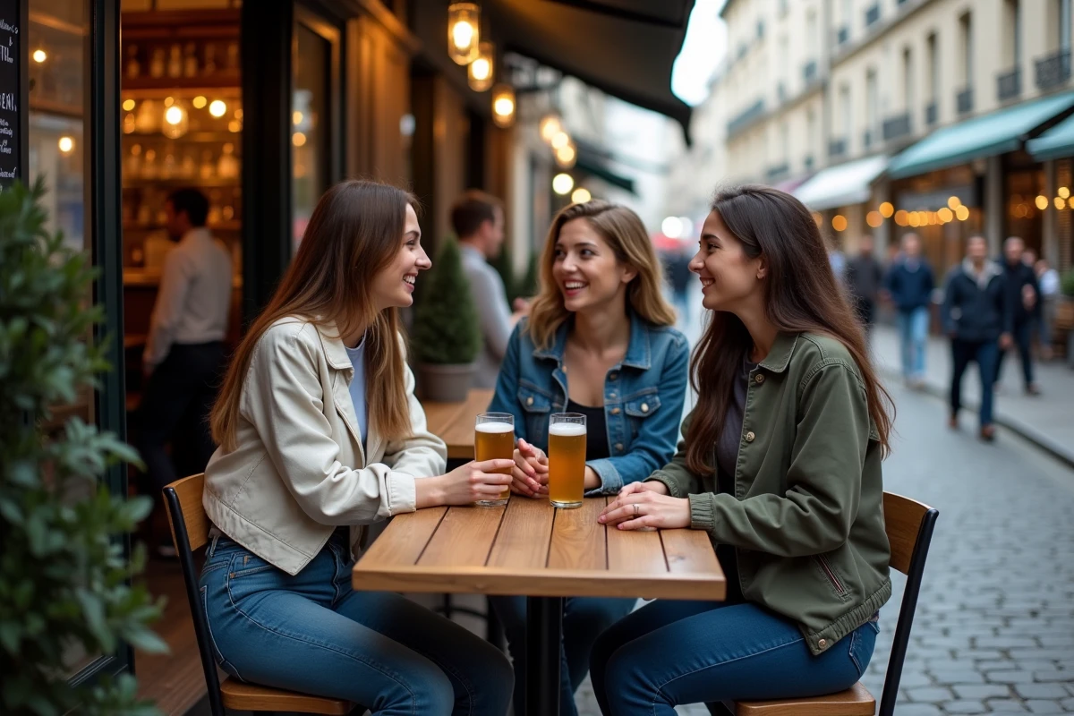 Groupe d'amis en terrasse de bar choisissant des alternatives sans alcool pour rester sous la limite légale au volant
