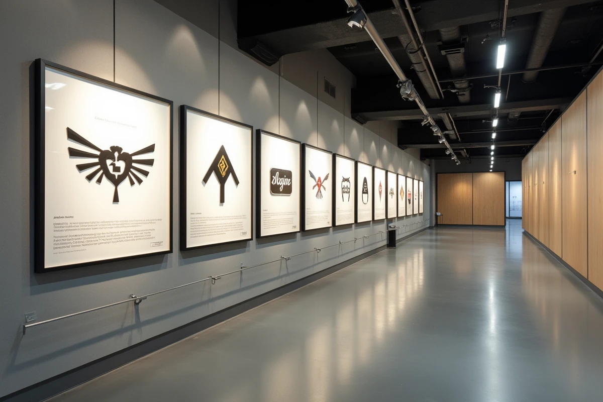Mur d'archives présentant des versions historiques et prototypes du logo Alpine, dont des designs secrets jamais commercialisés