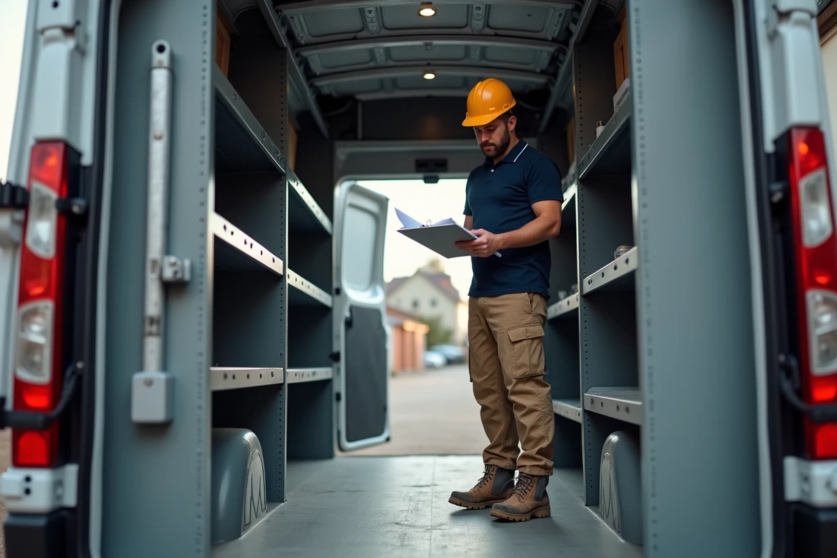 Artisan du BTP consultant des plans à l'intérieur d'un Renault Master aménagé avec système de rangement modulaire