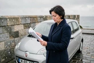 Femme comparant des documents d'assurance auto près des remparts de Saint-Malo