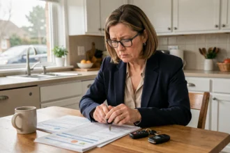 Femme sans permis examinant des documents d'assurance auto et des clés de voiture à une table de cuisine