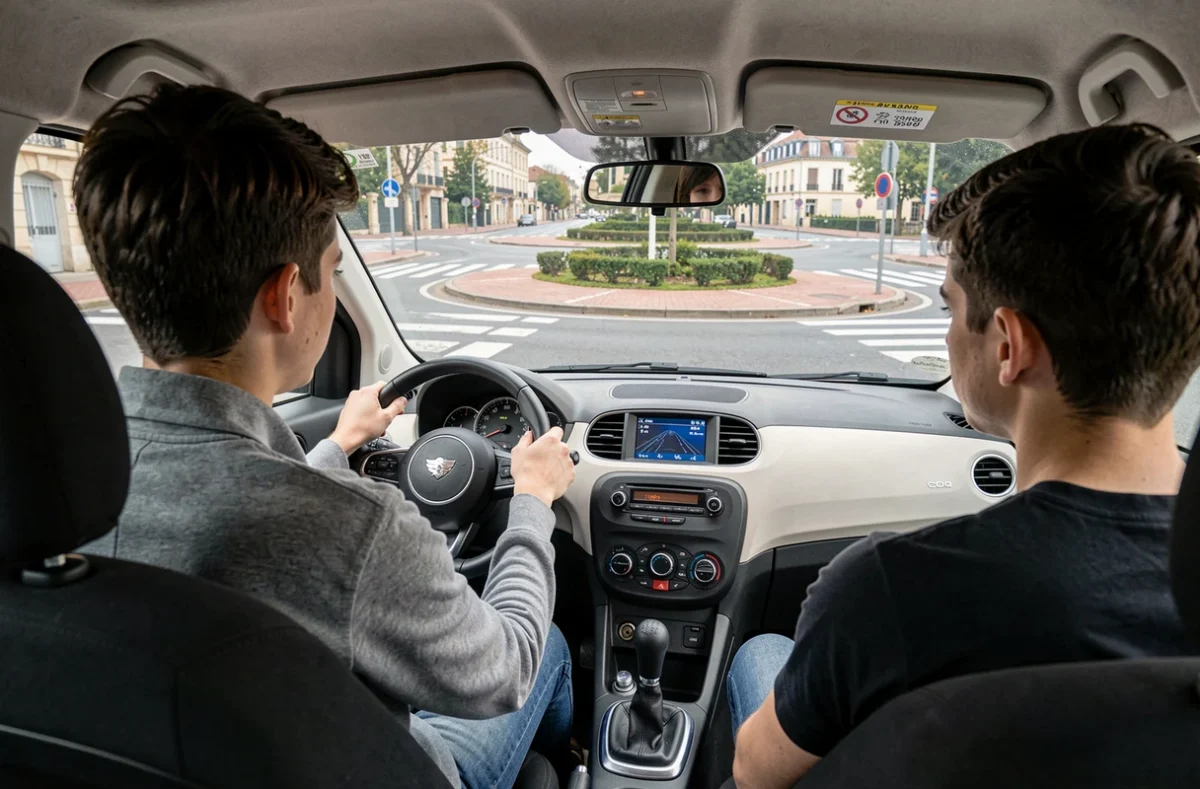 Un jeune élève conducteur négociant un rond-point à Toulouse sous la supervision de son moniteur, représentant Auto-École Rallye