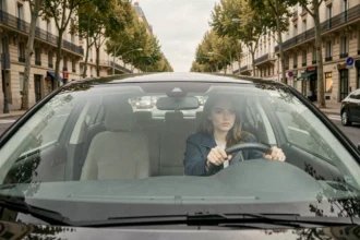 Une jeune femme au volant d'une voiture dans une rue de Toulouse, illustrant le thème des auto-écoles toulousaines