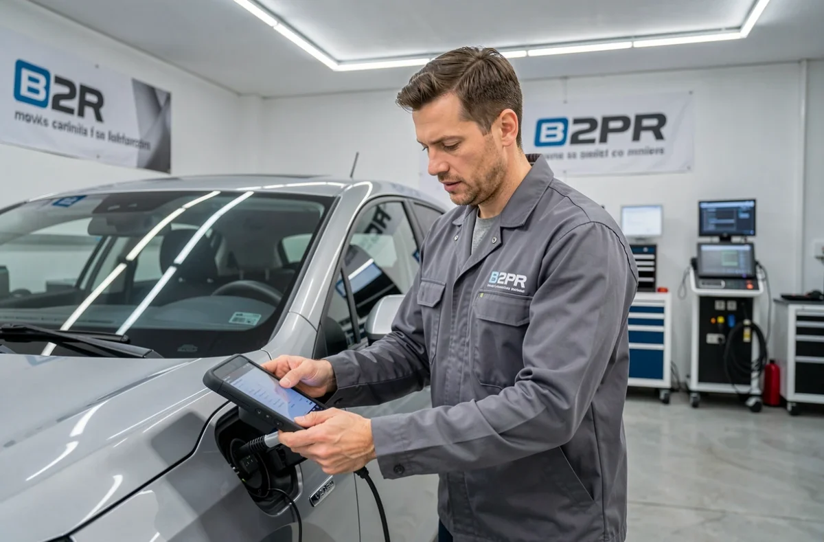 Technicien B2PR effectuant un diagnostic électronique sur un véhicule dans un atelier moderne