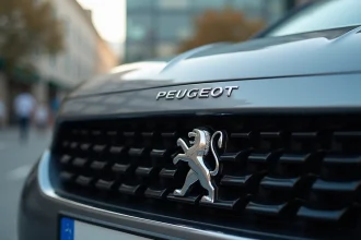 Détail du badge lion Peugeot sur le capot d'un véhicule moderne, emblème chromé premium en gros plan dans un environnement urbain