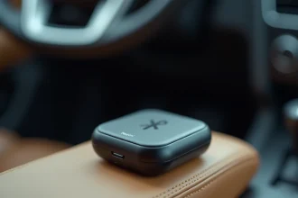 Balise Bluetooth automotive posée sur le tableau de bord d'une voiture moderne avec intérieur en cuir beige