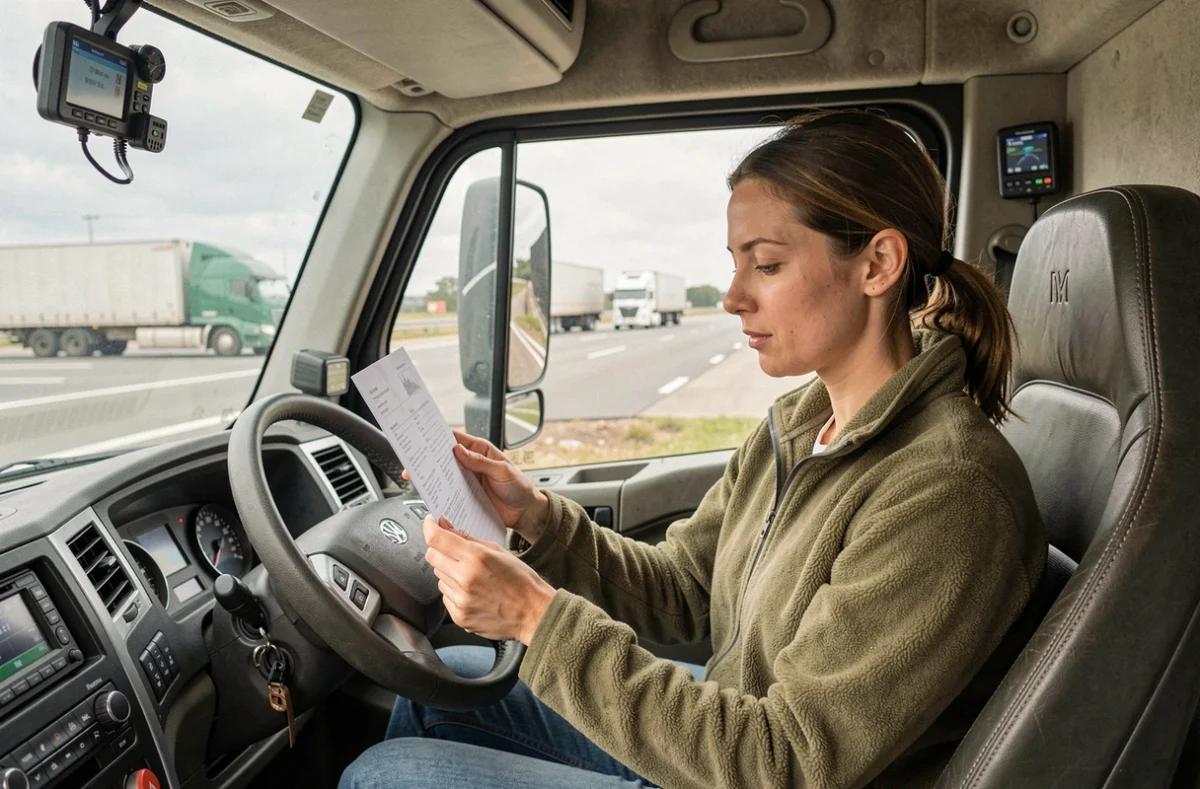 Conductrice de semi-remorque 44t en cabine consultant des documents de transport sur autoroute