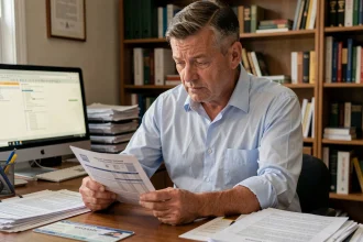 Homme consultant un formulaire de carte grise et des documents fiscaux sur un bureau encombré de papiers administratifs