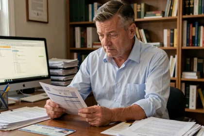 Homme consultant un formulaire de carte grise et des documents fiscaux sur un bureau encombré de papiers administratifs