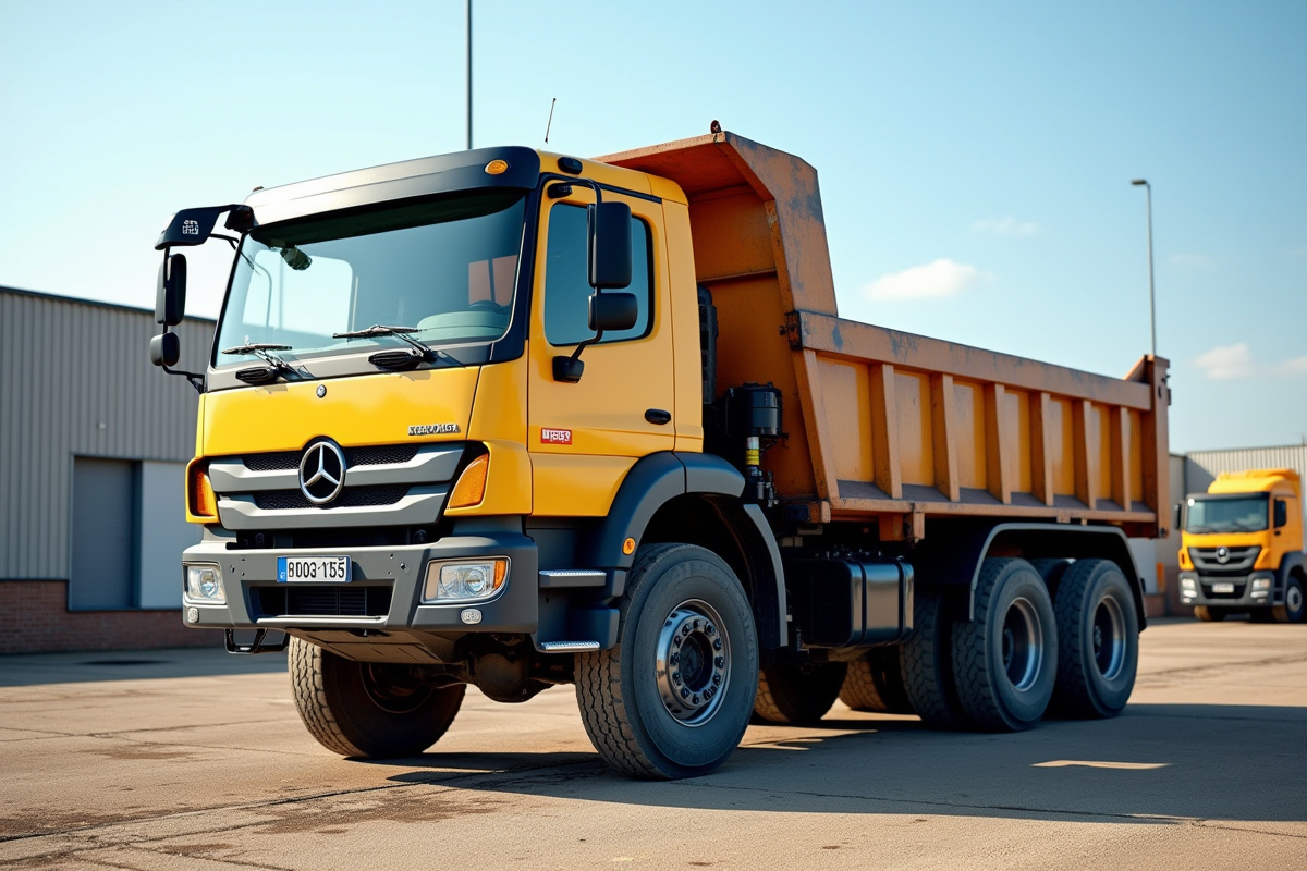 Camion benne d'occasion en chantier avec benne surélevée
