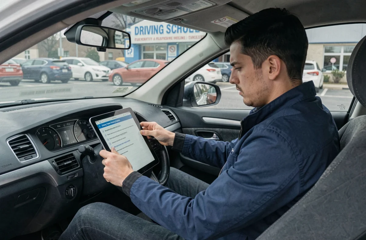 Jeune homme consultant des questions d'examen du permis de conduire sur une tablette dans une voiture d'auto-école en stationnement