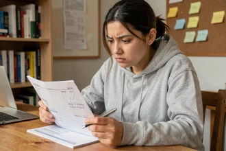 Jeune femme révisant ses questions de permis de conduire sur papier avec des annotations, assise à un bureau en bois dans une chambre d'étude
