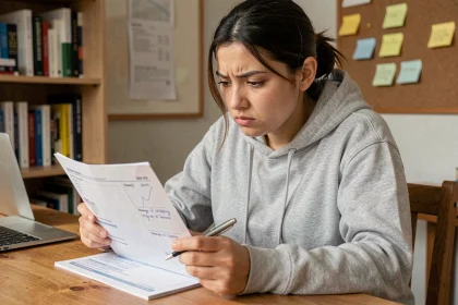 Jeune femme révisant ses questions de permis de conduire sur papier avec des annotations, assise à un bureau en bois dans une chambre d'étude