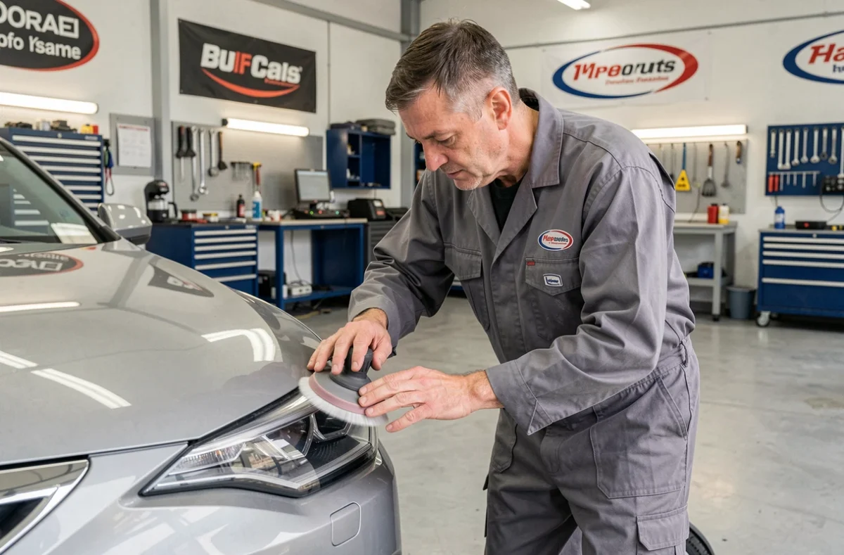Technicien en carrosserie ponçant le pare-chocs d'une voiture à la Carrosserie de la Rampe à Coquelles