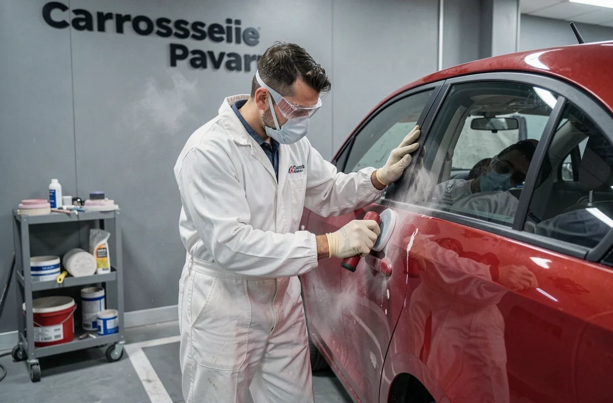 Carrossier de Carrosserie Pavard ponçant la carrosserie d'un véhicule en atelier de préparation peinture