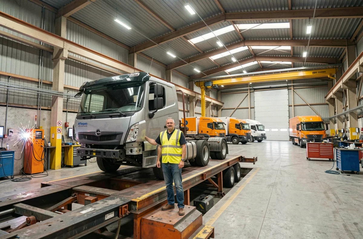 Responsable d'atelier supervisant la réparation d'une cabine de camion aux Carrosseries Industrielles du Channel à Attaques