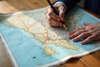 Carte routière déployée sur une table en bois avec une main qui trace un itinéraire