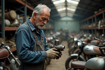 Casse moto en France avec rangées de motos anciennes désassemblées et mécanicien inspectant des pièces détachées rares