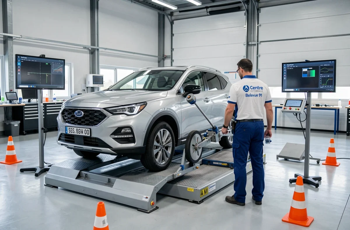Technicien du Centre Automobile Bellevue 91 réalisant un contrôle de géométrie sur un SUV