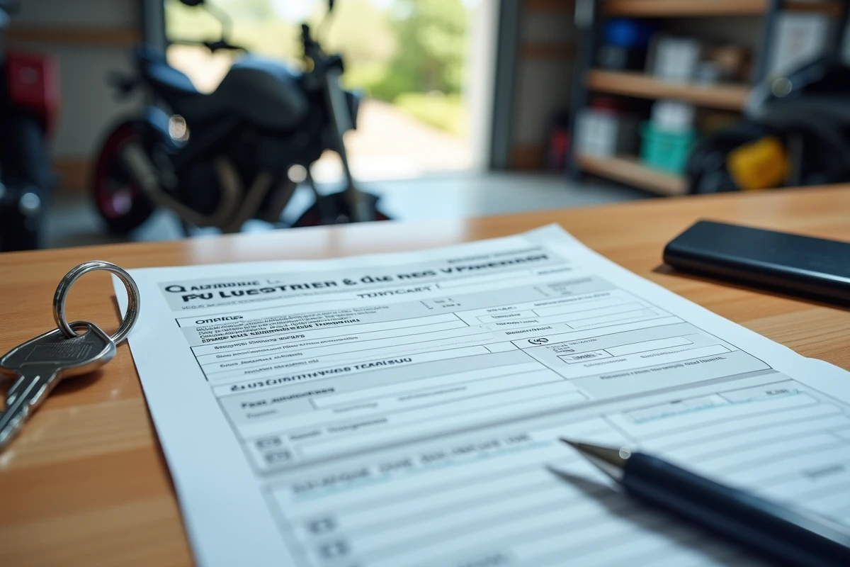 Certificat de contrôle technique moto posé sur une table avec clé de moto, document officiel obligatoire pour la vente