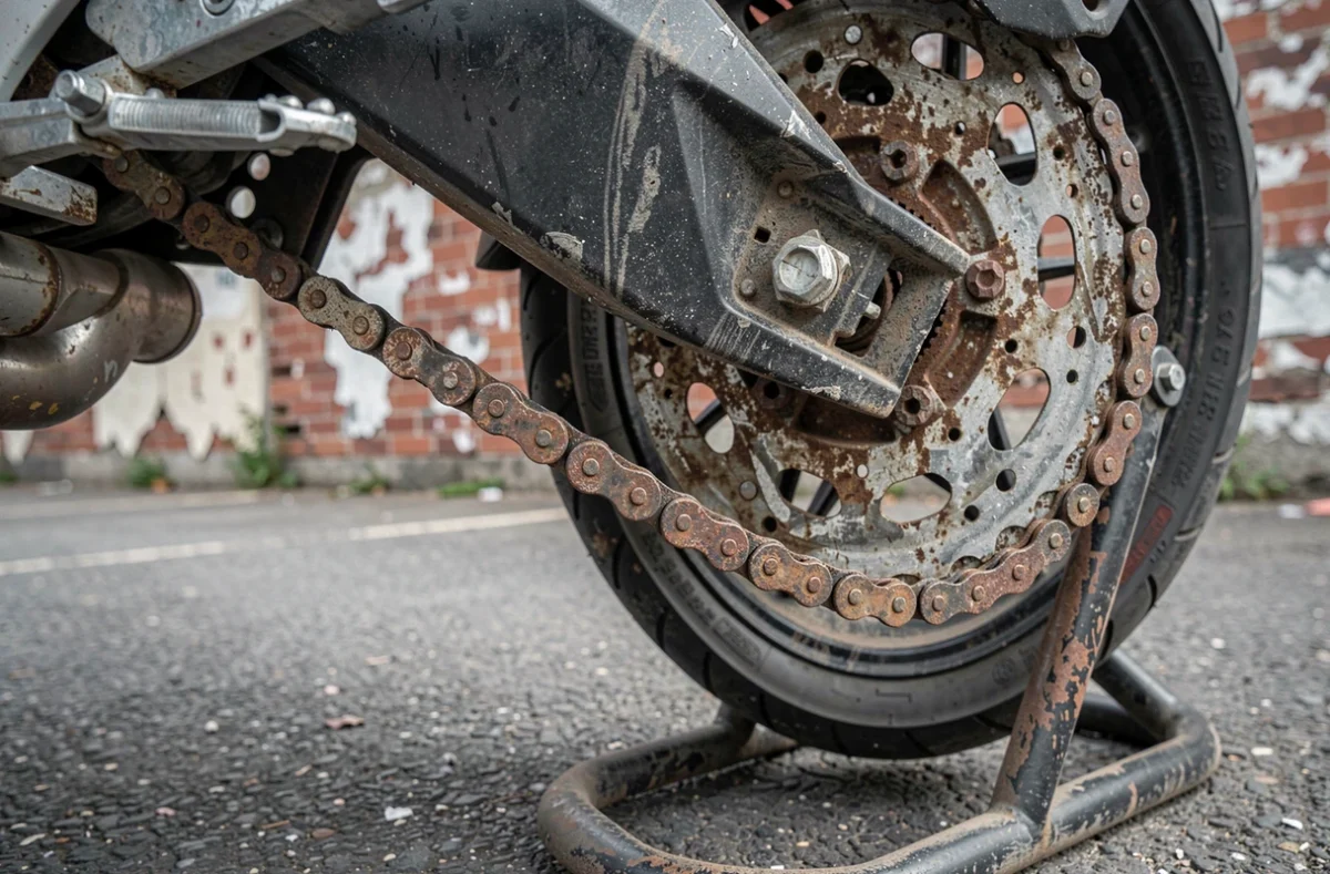 Chaîne et pignon usés d'une Honda CBR 1000F illustrant une erreur courante d'entretien
