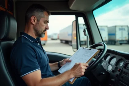 Chauffeur de poids lourd en cabine consultant des documents relatifs au permis C et au code 79 dans un dépôt logistique