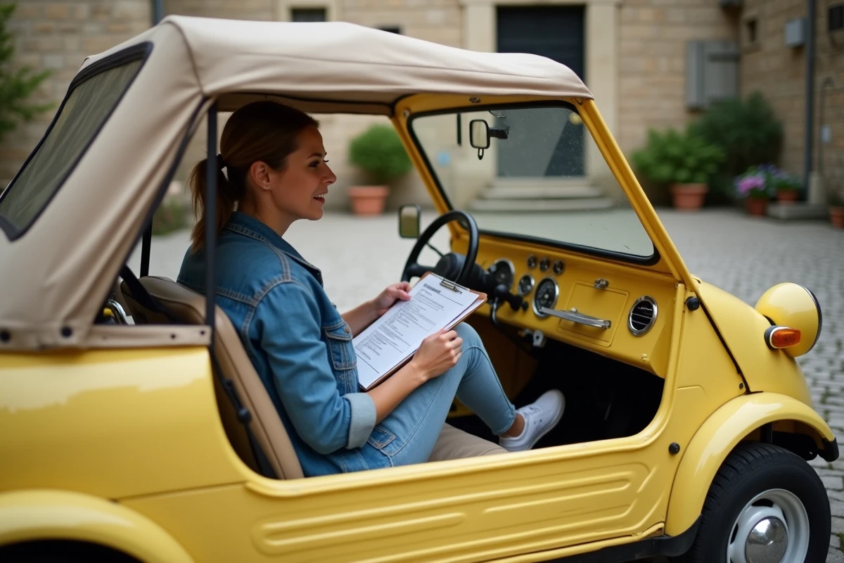 Femme consultant une liste de vérification dans une Mini Moke jaune pour éviter les erreurs courantes lors de l'achat