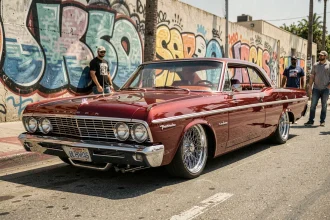 Chevrolet Impala lowrider 1964 rouge cerise avec jantes chromées en fil, garée dans une rue de East Los Angeles devant une murale colorée
