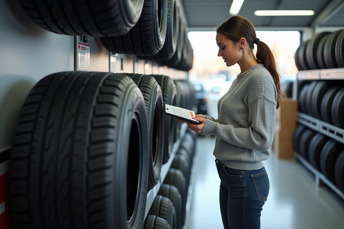 Femme comparant des pneus dans un magasin spécialisé en consultant les fiches techniques des indices de vitesse