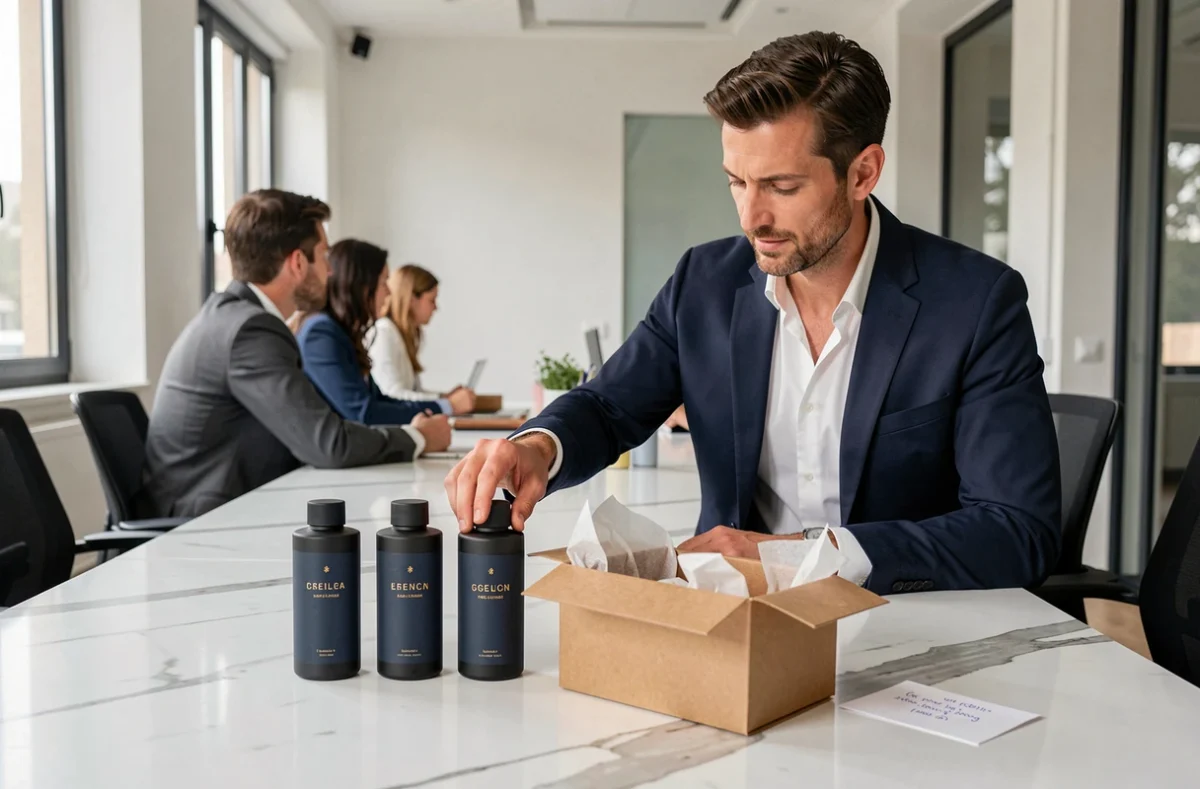Coffret de parfums personnalisés made in France avec packaging minimaliste présenté lors d'une réunion marketing