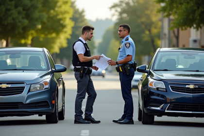Deux voitures après une petite collision à un carrefour avec un jeune conducteur inquiet parlant à un policier