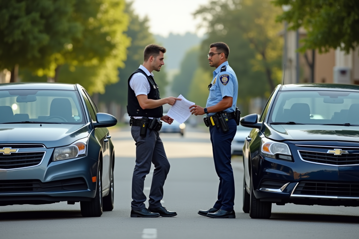 Deux voitures après une petite collision à un carrefour avec un jeune conducteur inquiet parlant à un policier