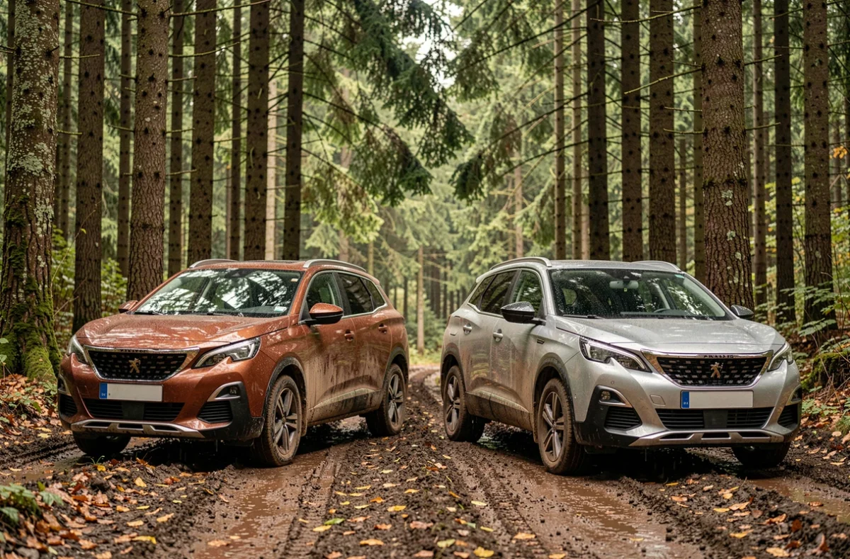 Comparaison Peugeot 2008 et 3008 sur piste forestière boueuse en conditions difficiles