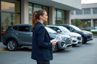 Femme comparant un SUV, une berline et un monospace dans un parking de concession automobile urbaine