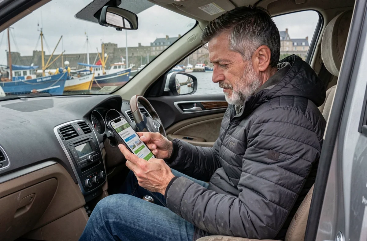 Homme consultant une comparaison d'assurance auto sur smartphone dans sa voiture au port de Saint-Malo