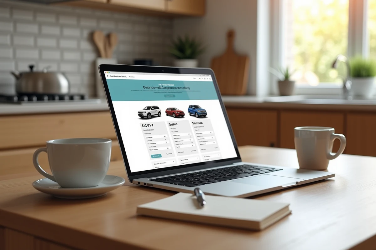Ordinateur portable affichant une comparaison de véhicules SUV berline et monospace sur un site automobile depuis une cuisine moderne