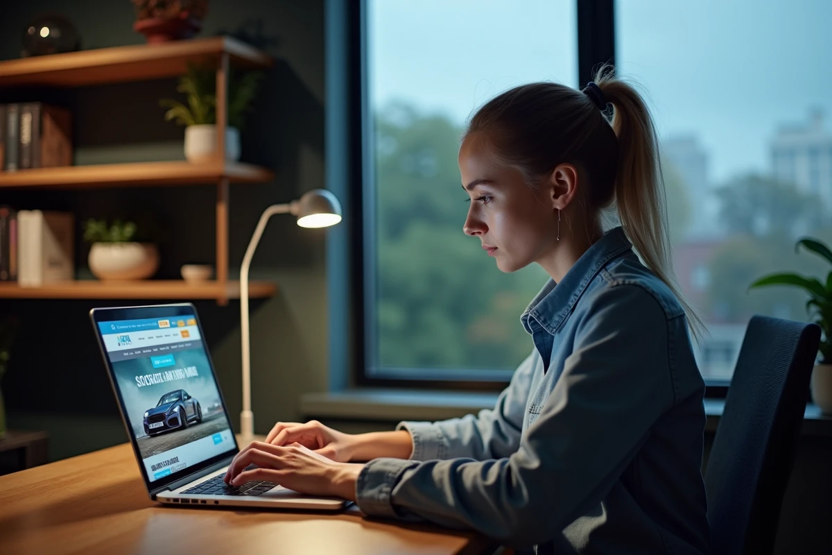 Femme comparant les promotions et tarifs réduits d'un stage de pilotage tousenbagnole sur internet