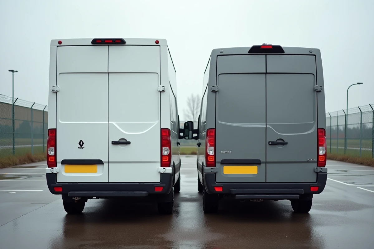 Comparaison arrière d'un Renault Master et d'un Mercedes Sprinter côte à côte dans un dépôt logistique